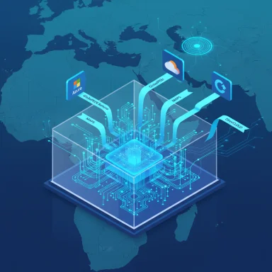 A holographic processor hub connects Azure and other cloud services across a world map.