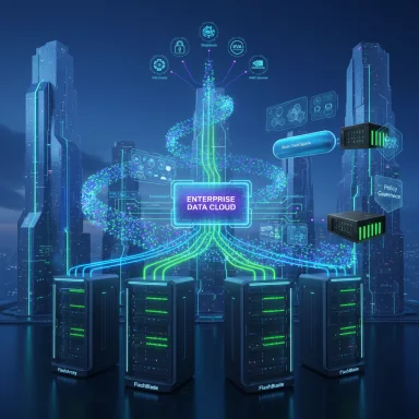 Futuristic data center with an enterprise data cloud linking neon server racks and holographic displays.