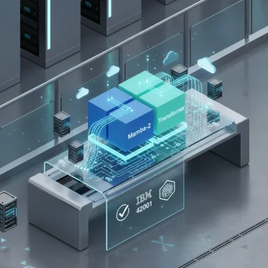 Futuristic data center with glowing Mamba-2 and Transformer blocks on a holographic circuit platform.