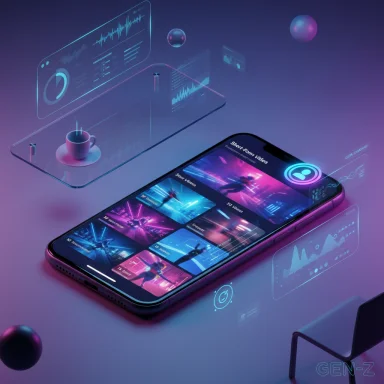 Futuristic smartphone with floating holographic dashboards and neon video thumbnails.