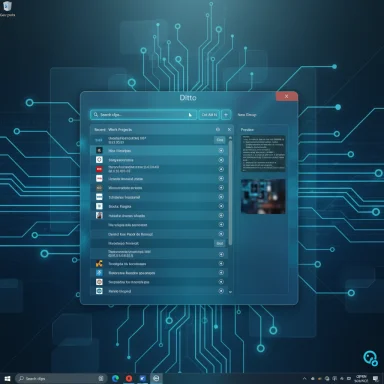 A blue, futuristic Ditto window sits over a neon circuit-board wallpaper.