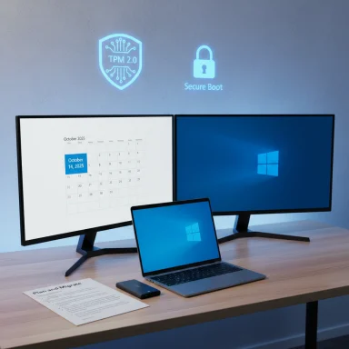 Workstation with dual monitors and a laptop displaying Windows; TPM 2.0 and Secure Boot icons projected on the wall.