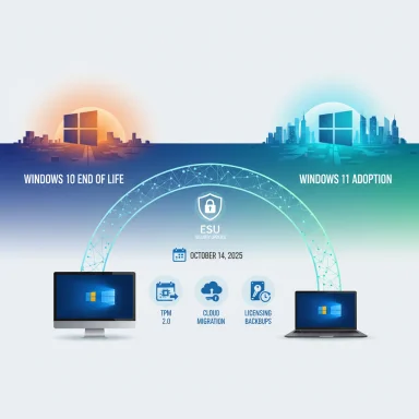 Illustration of Windows 10 end-of-life vs Windows 11 adoption with ESU updates.