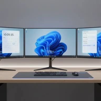 A triple-monitor desktop setup on a wooden desk with keyboard and mouse.