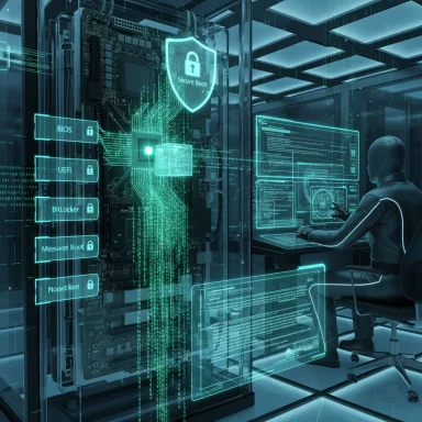 Technician at a holographic security console; glowing BIOS, UEFI, and Secure Boot panels.