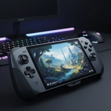 A handheld gaming console displays a lush fantasy landscape as RGB-lit desk gear glows in the background.
