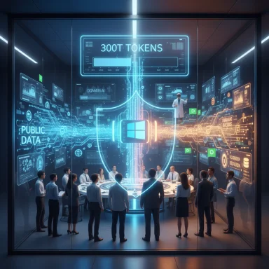 Futuristic conference room with a glowing holographic data shield and a 300T TOKENS display.