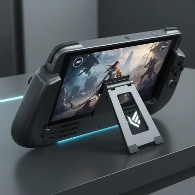 A futuristic handheld gaming console on a stand, showing a fantasy adventure game.