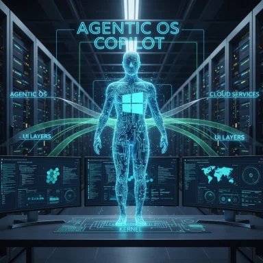 A holographic human figure labeled Agentic OS Copilot stands in a data center amid kernel and UI layers.