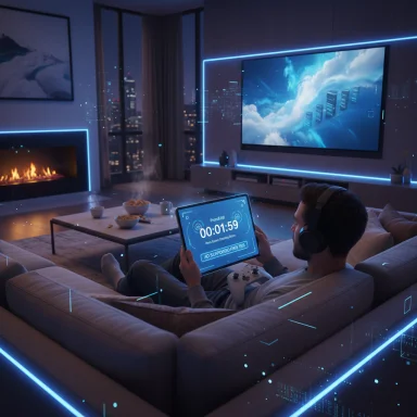 A man with headphones relaxes on a sofa, gaming on a tablet in a neon-lit, futuristic living room.