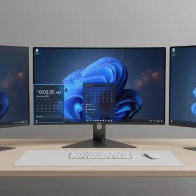 Triple-monitor workstation with a curved center display, keyboard, and mouse on a wooden desk.