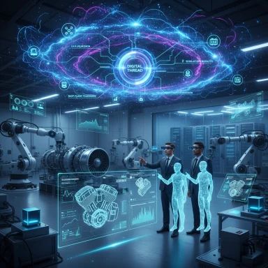 Futuristic robotics lab with holographic displays, AI avatars, and engineers analyzing engine tech.