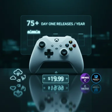 A white Xbox controller sits before a holographic display promoting 75+ yearly releases and a $19.99 price.