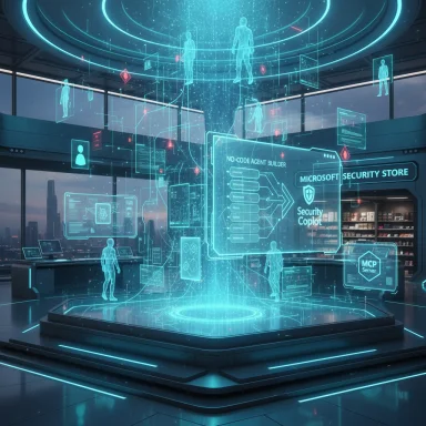 A futuristic security hub featuring holographic interfaces and floating digital avatars.