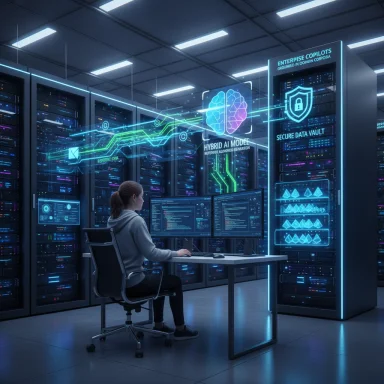 A technician monitors AI systems in a futuristic data center with holographic brain visuals.