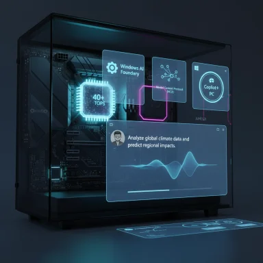 A futuristic PC with glowing holographic data panels and AI analytics.