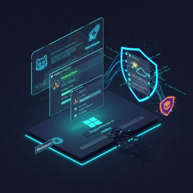 A futuristic laptop with neon holographic screens displaying security shields and software panels.