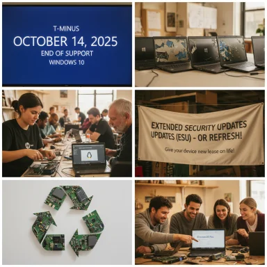 A tech workshop collage showing Windows 10 end-of-support, laptop repairs, an ESU banner, and recycled circuit art.