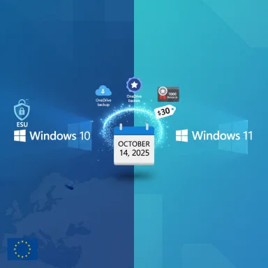 Split Windows desktop showing Windows 10 on the left and Windows 11 on the right, with a central October 14, 2025 calendar.