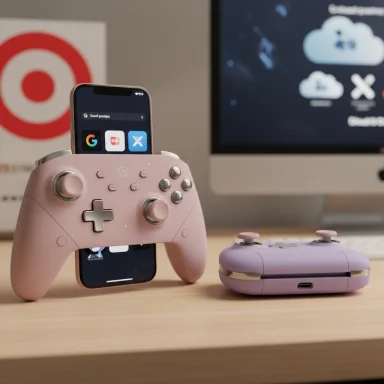 A pink gaming controller holds a smartphone on a desk, with a purple controller beside it.