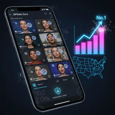 A smartphone shows a video gallery UI, with a glowing rise chart and US map in the background.