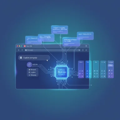 Futuristic UI with a glowing central chip and floating panels connected by circuits.