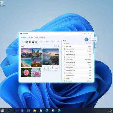Windows 11 desktop showing a OneDrive window with a photo gallery and a file list.