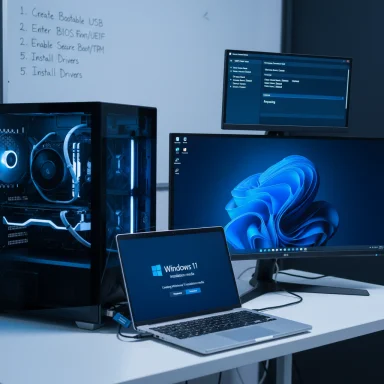 A sleek workstation with a glass-sided PC, a Windows 11 laptop, and two monitors.