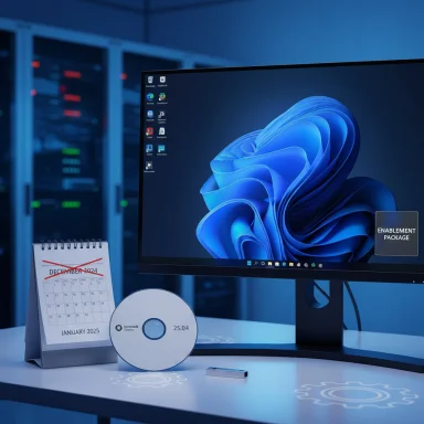 Tech workspace with a large monitor showing blue wallpaper, a calendar, a CD, and server racks in the background.