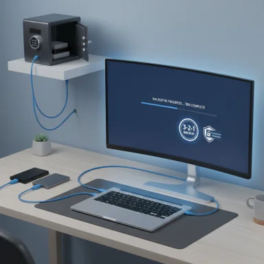A clean workspace with a monitor showing backup progress, connected drives, and a safe on a shelf.