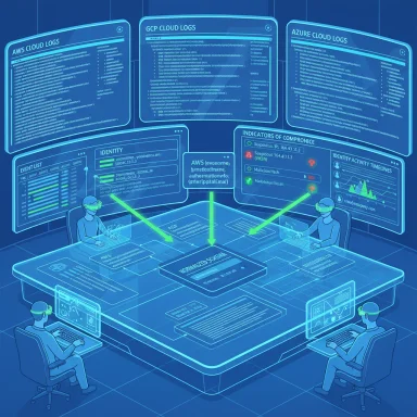 Futuristic SOC with holographic dashboards showing AWS, GCP, and Azure logs around a central command table.