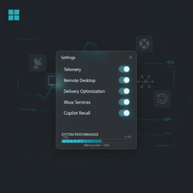 A futuristic dark settings panel with glowing toggles and a system performance bar.