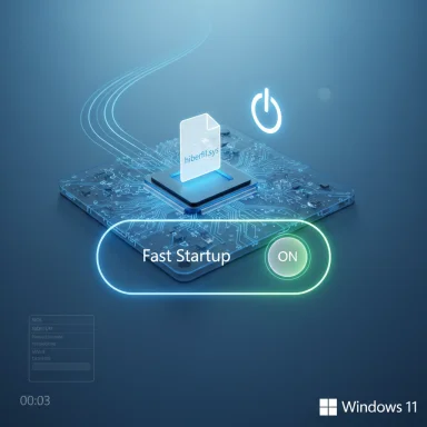 Futuristic Windows 11 fast startup concept showing hiberfil.sys on a microchip.