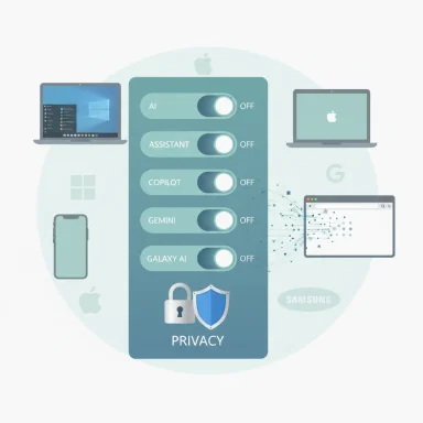 A privacy control panel with toggles for AI features, surrounded by laptops, phones, and browsers.