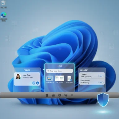 Three floating panels labeled People, Files, and Calendar float over a blue abstract desktop.