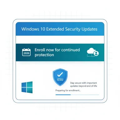 Windows 10 Extended Security Updates enrollment screen showing an ESU shield and progress bar.