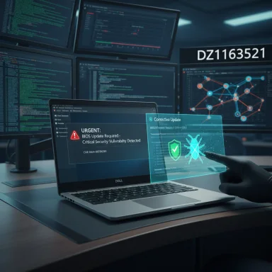 Laptop displays an urgent BIOS update alert for a critical vulnerability, with a holographic security UI. Laptop displays an urgent BIOS update alert for a critical vulnerability, with a holographic security UI.