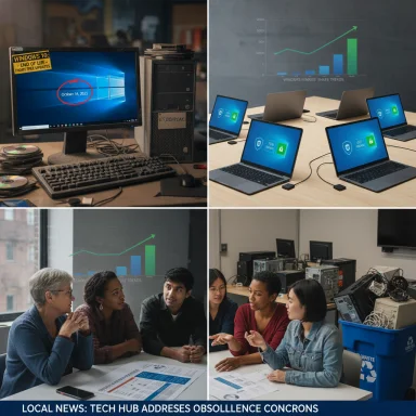 Tech hub teams discuss data trends and tech obsolescence around laptops and charts.