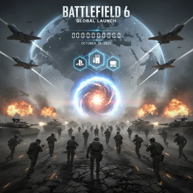 Battlefield 6 global launch promo: soldiers advance through a war-torn field toward a glowing portal.