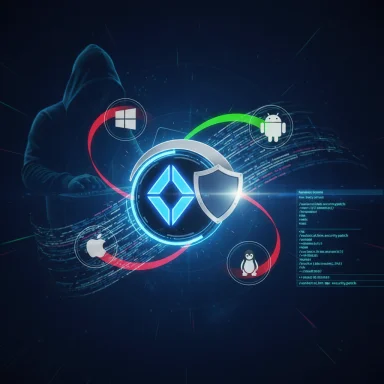 A futuristic cybersecurity hub with cross-platform logos circling a shield as a hacker looms in the background.