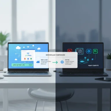 Two laptops on a desk compare workloads, left for web cloud and long battery life, right for heavy compute.