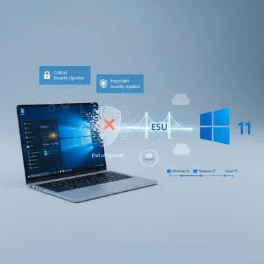 Laptop displays a futuristic security-update HUD for Windows 10/11 and Cloud PC.