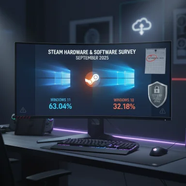 Steam survey slide showing Windows 11 at 63.04% vs Windows 10 at 32.18% (Sept 2025).