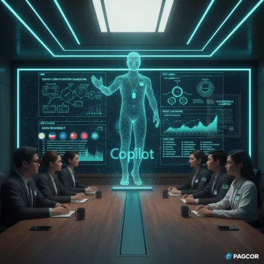 A holographic Copilot figure glows above a conference table as professionals watch.