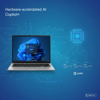 Laptop on a blue circuit-board backdrop, promoting hardware-accelerated AI Copilot+.