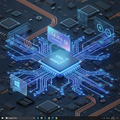Futuristic Vitis AI chip with glowing blue holographic panels on a circuit board.