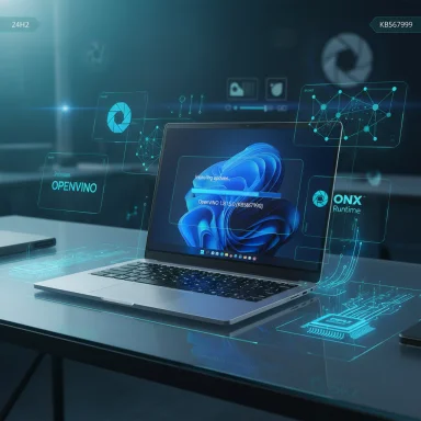 A laptop surrounded by holographic AI data panels and network diagrams.
