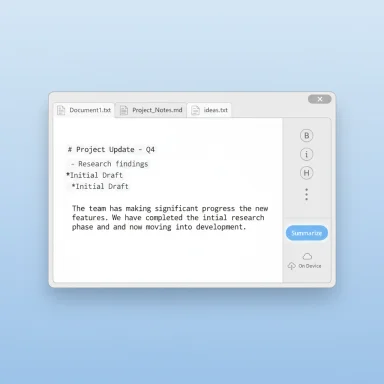 A desktop text editor with project notes tabs and draft bullets on a blue gradient background.