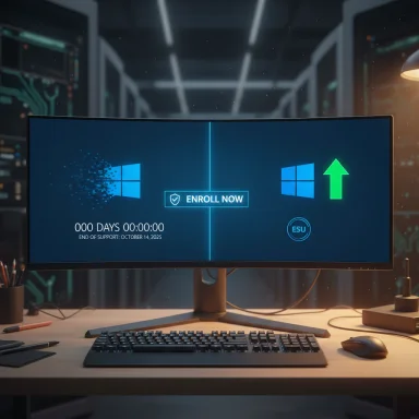 A futuristic desk setup with a curved monitor displaying 'Enroll Now' between Windows logos.