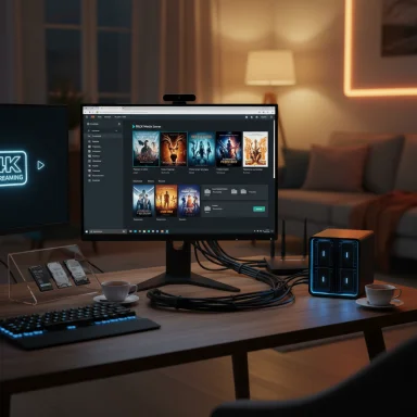 Home streaming setup with a monitor showing a media server, a blue-lit NAS, and a tidy desk.